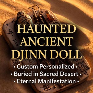 Puede incluir: Una pequeña muñeca con rostro tallado, cuentas oscuras y un diminuto frasco de vidrio sobre una tableta de piedra rectangular grabada con símbolos. El texto HAUNTED ANCIENT DJINN DOLL, Custom Personalized, Buried in Sacred Desert, Eternal Manifestation es visible.
