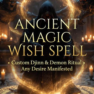 May include: An image with the text "ANCIENT MAGIC WISH SPELL" in gold lettering. The image depicts a cloaked figure surrounded by glowing energy, with demonic figures in the background. The text also reads "Custom Djinn & Demon Ritual. Any Desire Manifested."