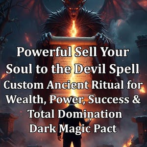 Può includere: Un'illustrazione digitale raffigurante una figura demoniaca alata e cornuta che tiene un rotolo luminoso sopra una persona in piedi in un cerchio di fuoco. Il testo recita: Powerful Sell Your Soul to the Devil Spell Custom Ancient Ritual for Wealth, Power, Success & Total Domination Dark Magic Pact.