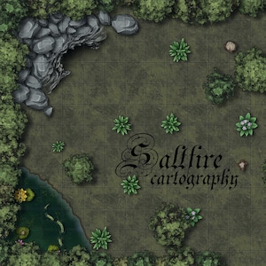 Könnte beinhalten: Detaillierte Draufsicht einer Waldkarte mit Raster. Merkmale sind ein kleiner Teich, felsige Bereiche und dichtes Laub. Der Text "Saltfire cartography" wird in einer eleganten Schrift angezeigt.