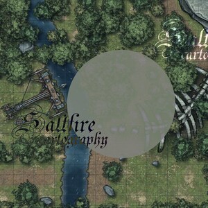 May include: A detailed fantasy map with a river, trees, and a trebuchet. The map has a grid pattern and the text "Saltfire Cartography" is visible. The overall color scheme is green and brown.