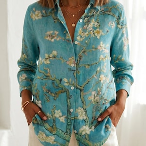 Van Gogh Almond Blossom Linen Blouse - Artistic Teal Floral Long Sleeve Button Down Shirt for Women - Vintage Aesthetic Oil Paint Top
