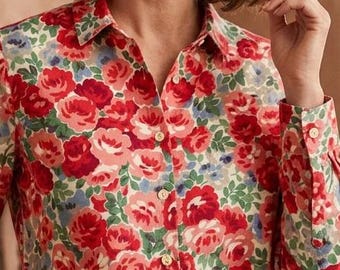 Vintage Red Rose Linen Blouse - Classic Floral Print Long Sleeve Button Down Shirt - Romantic Garden Style Mother's Day Gift for Her