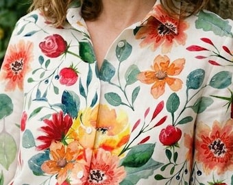 Watercolor Wildflower Linen Blouse - Artistic Floral Long Sleeve Button Down Shirt - Vibrant Botanical Mother's Day Gift for Her