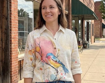 Camisa elegante con aspecto de lino, diseño de amapolas rojas, manga larga con botones, blusa floral ligera, ideal como regalo, blusa casual para mujer para primavera y verano.