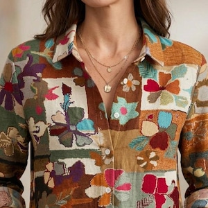 Printed Patchwork Linen Shirt Women, Vintage Button Up Blouse, Boho Long Sleeve Top, Artistic Casual Wear, Colorful Floral Design