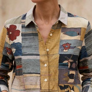Printed Patchwork Linen Shirt Women, Vintage Style Button Up Blouse, Long Sleeve Casual Top, Artistic Boho Clothing, Gift For Her