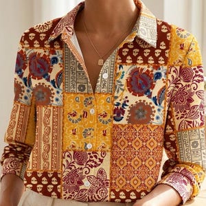 Colorful Patchwork Blouse, Boho Hippie Shirt for Women, Tunic Top, Summer Festival Floral Top, Bohemian Style, Faux Linen Shirt