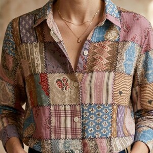 Könnte beinhalten: Ein Patchwork-Hemd mit Knopfleiste und langen Ärmeln, das aus verschiedenen gemusterten Stoffquadraten in Rosa, Blau, Braun und Lila besteht. Das Hemd wird mit einer blauen Jeans getragen. Ein goldenes Armband und eine Halskette sind sichtbar.