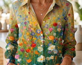 Botanical Garden Floral Pattern Top, Long Sleeve Flower Shirt, Casual Button Front Blouse for Her, Hippie Chic Clothing, Faux Linen Shirt