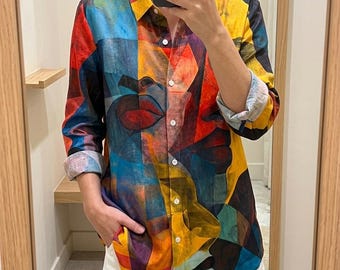 Abstract Face Art Shirt - Cubist Portrait Print Long Sleeve Button Down - Artistic Faux Linen Summer Top - Colorful Aesthetic Fashion Shirt