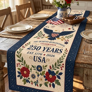 May include: Quilted table runner with a patriotic theme. Features an eagle, American flag, and floral designs in red, white, and blue. Text reads "250 Years USA Est. 1776-2026". The runner is on a wooden table.