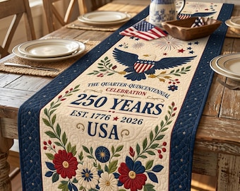 Quilted America Cross Table Runner, 250th Anniversary 1776-2026 Table Decor, Patriotic Heritage Table Runner, Christian USA Celebration Gift