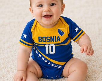 Body personalizado para bebé de Bosnia, conjunto de fútbol para bebé con nombre y número personalizados, traje de bebé con camiseta de fútbol de Bosnia, body de regalo para recién nacidos aficionados