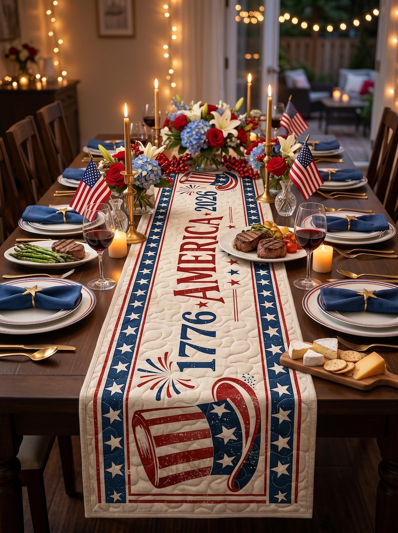 May include: A festive dining table set for a patriotic celebration. The table features a cream-colored runner with red and blue stars and stripes, and the text "1776 AMERICA 2026".  Plates, napkins, and floral arrangements complete the scene.