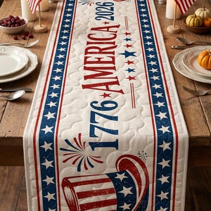 May include: A patriotic table runner with a quilted design. The runner features a red, white, and blue color scheme with the text "1776 AMERICA 2026". It includes images of a top hat, fireworks, and stars.