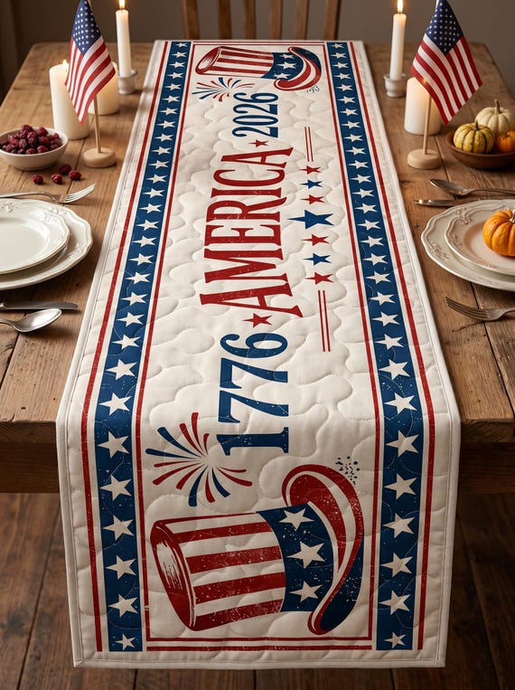 Quilted America Cross Table Runner, 250th Anniversary 1776-2026 Table Decor, Patriotic Heritage Table Runner, Christian USA Celebration Gift