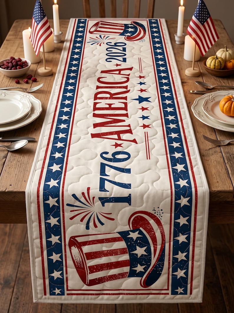 May include: A patriotic table runner with a quilted design. The runner features a red, white, and blue color scheme with the text "1776 AMERICA 2026". It includes images of a top hat, fireworks, and stars.