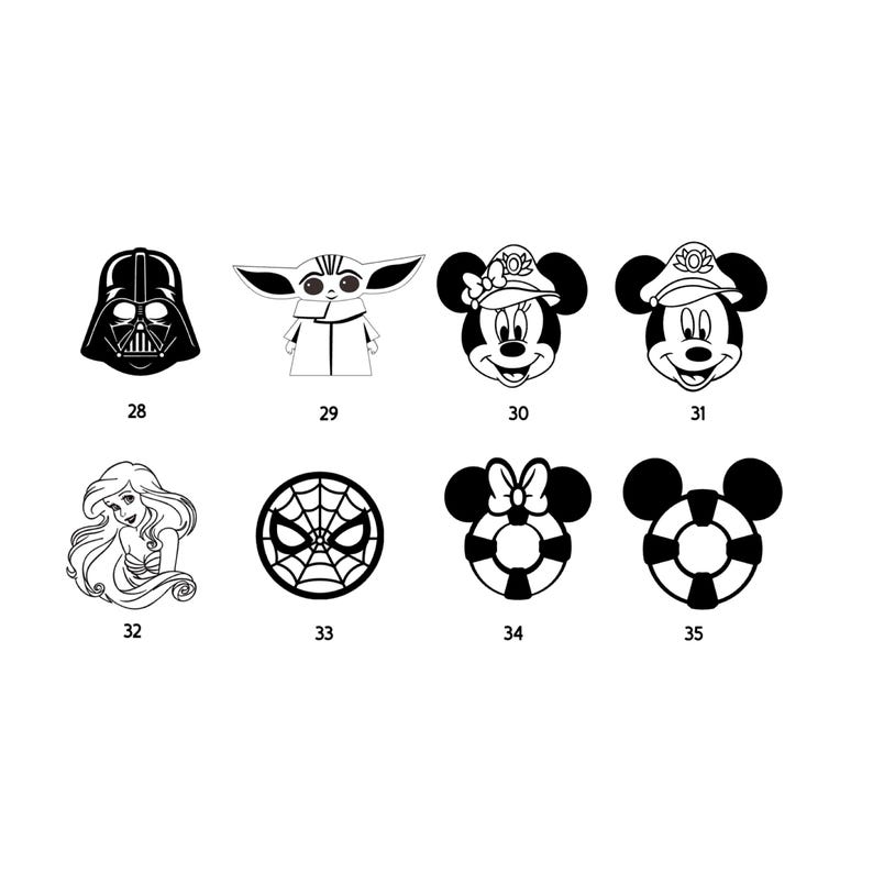 May include: A collection of eight black and white graphic icons arranged in two rows, labeled with numbers 28 through 35. The icons feature various character silhouettes and shapes, including a helmet, a small creature, mouse heads, a mermaid, a webbed circle, and life preservers.