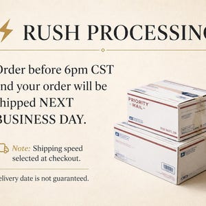 May include: A graphic with a lightning bolt icon and the text RUSH PROCESSING. Below, text states: Order before 6pm CST and your order will be shipped NEXT BUSINESS DAY. A truck icon precedes Note: Shipping speed selected at checkout. Delivery date is not guaranteed. Two stacked white Priority Mail cardboard shipping boxes are on the right.