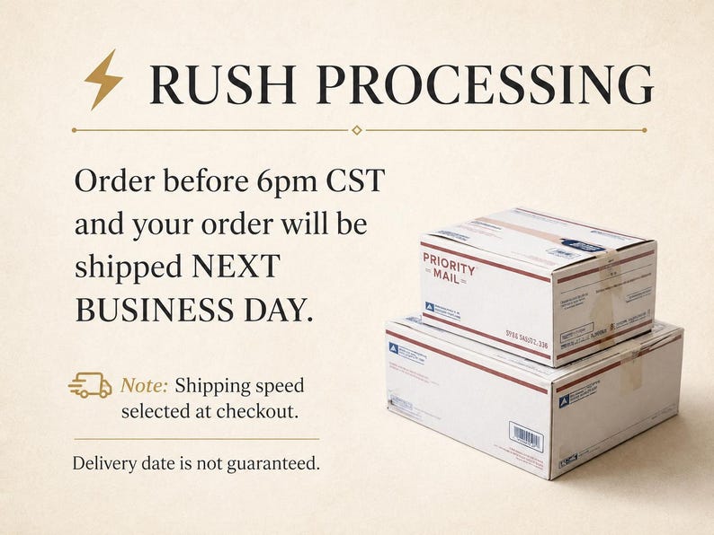 May include: A graphic with a lightning bolt icon and the text RUSH PROCESSING. Below, text states: Order before 6pm CST and your order will be shipped NEXT BUSINESS DAY. A truck icon precedes Note: Shipping speed selected at checkout. Delivery date is not guaranteed. Two stacked white Priority Mail cardboard shipping boxes are on the right.