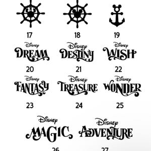 May include: A collection of black graphic icons and text labels numbered 17 through 27. The icons include ship wheels and an anchor with Mickey Mouse silhouettes. The text labels feature the word Disney above words like Dream, Destiny, Wish, Fantasy, Treasure, Wonder, Magic, and Adventure in a stylized font.
