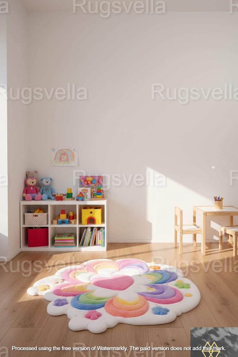 May include: A colorful, flower-shaped rug with a rainbow design, featuring pink, purple, blue, green, and orange hues. The rug is placed on a wooden floor in a room with a white bookshelf, toys, and a small table and chairs. The room is well-lit.