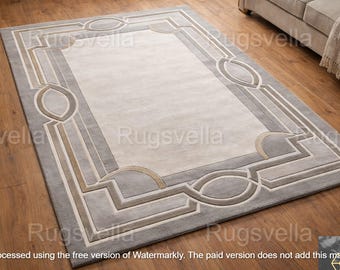 Hand Tufted Wool Rug, Art Deco Geometric Area Rug, Modern Gray Beige Luxury Carpet, Handmade Large Rug for Living Room Bedroom, Custom Rug