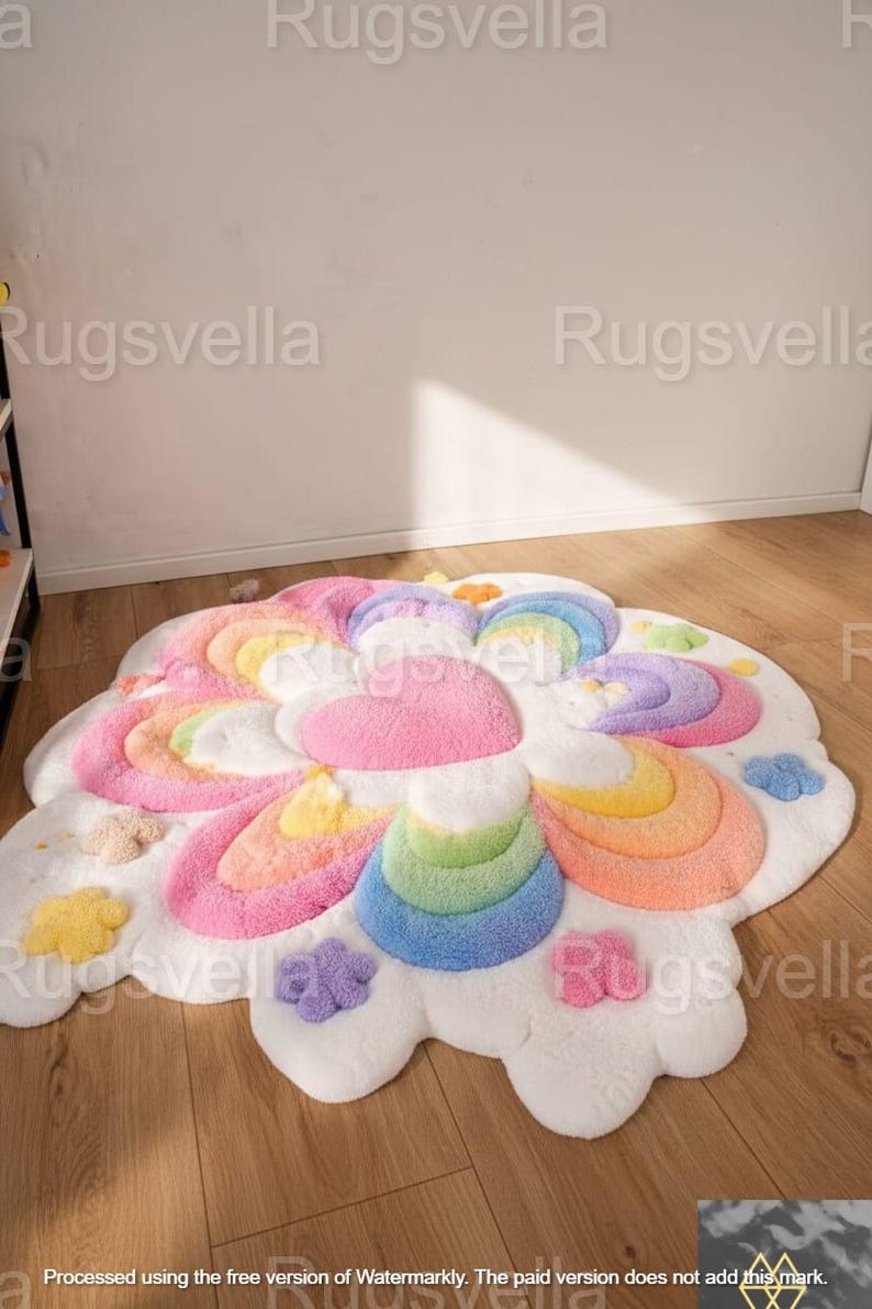 May include: A colorful, cloud-shaped rug with a rainbow and flower design. The rug features a white base with pink, yellow, orange, blue, and purple accents. The rug is made of a soft, plush material and is suitable for a child's room or playroom.