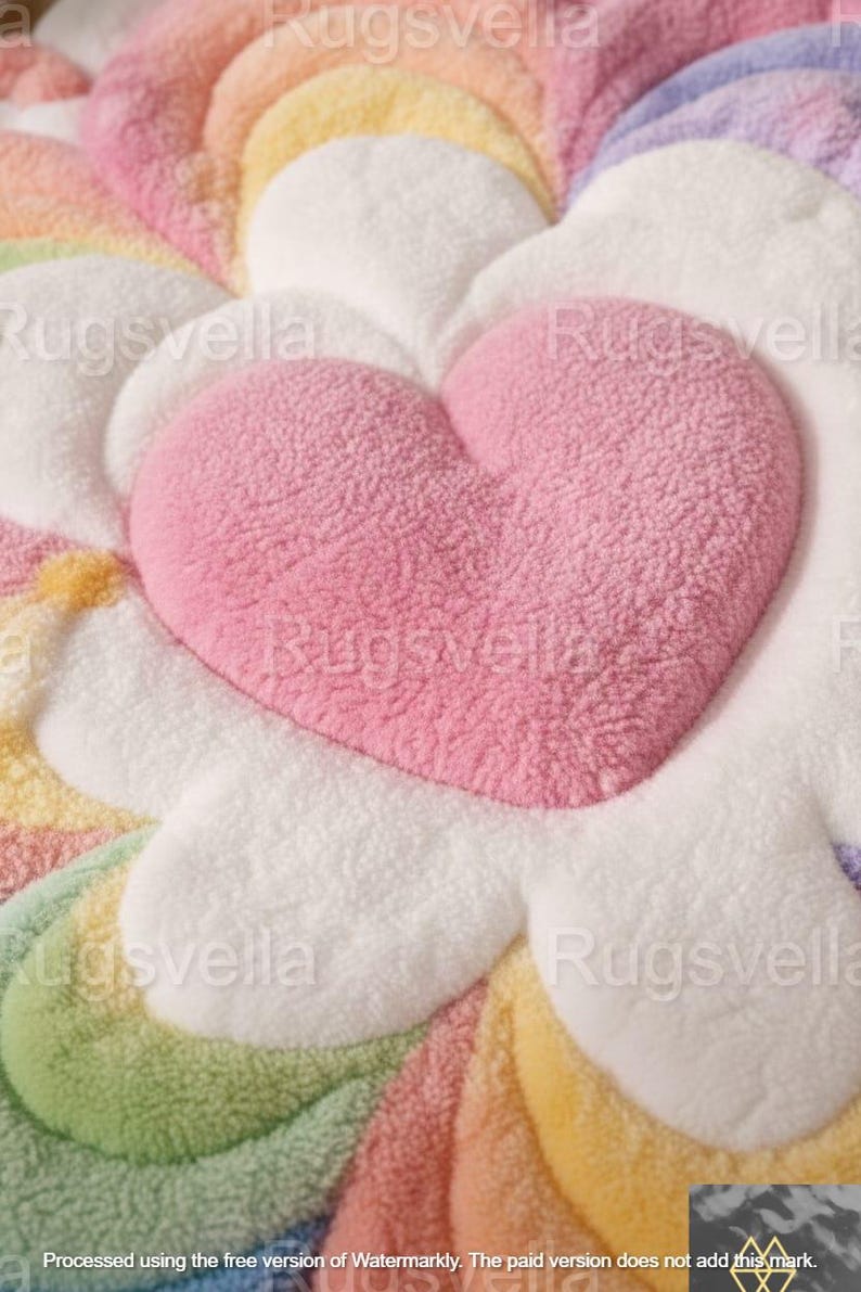 May include: A plush, heart-shaped rug in soft pink, centered within a flower-like design of pastel rainbow colors. The rug has a textured, fluffy appearance, with white, yellow, green, and purple petals. The overall design is whimsical and inviting.