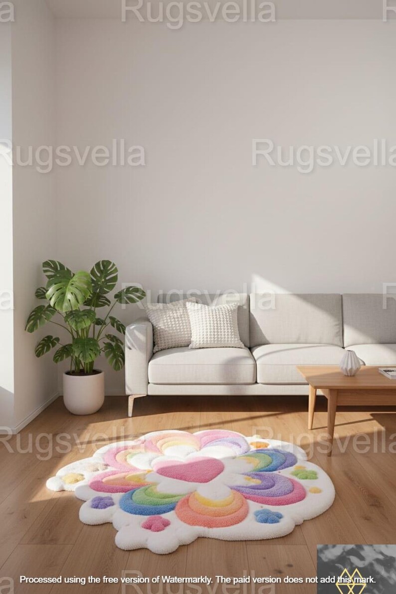 May include: A colorful, flower-shaped rug with a white base and rainbow-colored petals. The rug features a heart-shaped center and is placed on a wooden floor in a living room setting. The room includes a white sofa, a potted plant, and a small wooden table.