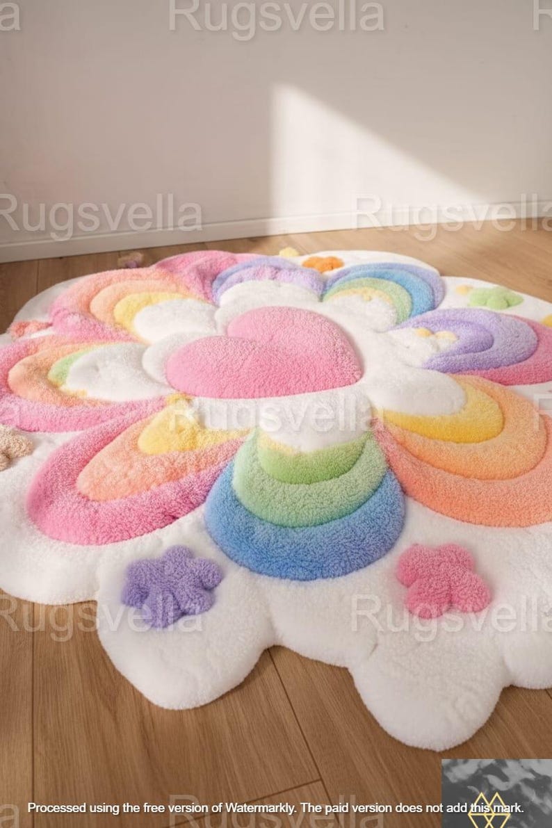May include: A round, fluffy rug in a whimsical design. The rug features a white base with colorful accents, including a pink heart, rainbow arcs, and cloud-shaped details. The rug is made of soft, plush material.