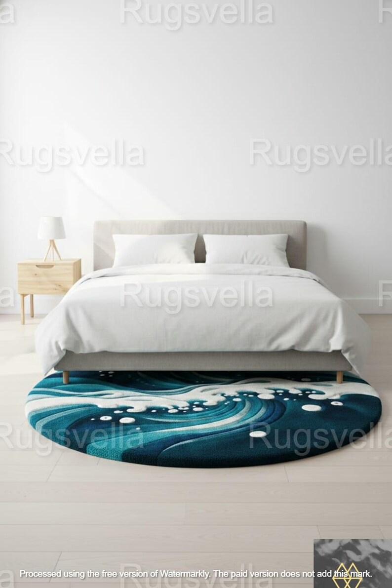 Rod Wave Rugs Large Round Great Wave Tufted Rug, Handmade Blue Ocean Wave Area Carpet ...
