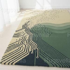 Könnte beinhalten: Rechteckiger Teppich mit Leiterplattenmuster. Die Farbpalette des Teppichs umfasst Beige, Grün und Marineblau. Das Design integriert Linien und Punkte und erzeugt eine moderne, technisch inspirierte Ästhetik.