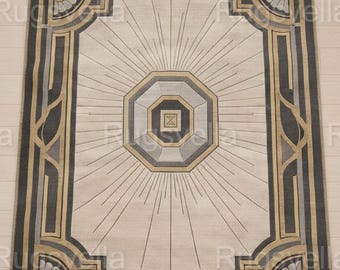 Art Deco Hand Tufted Wool Rug, Luxury Geometric Gold and Charcoal Area Rug, Large Handmade Carpet for Living Room, Modern Mid Century Carpet