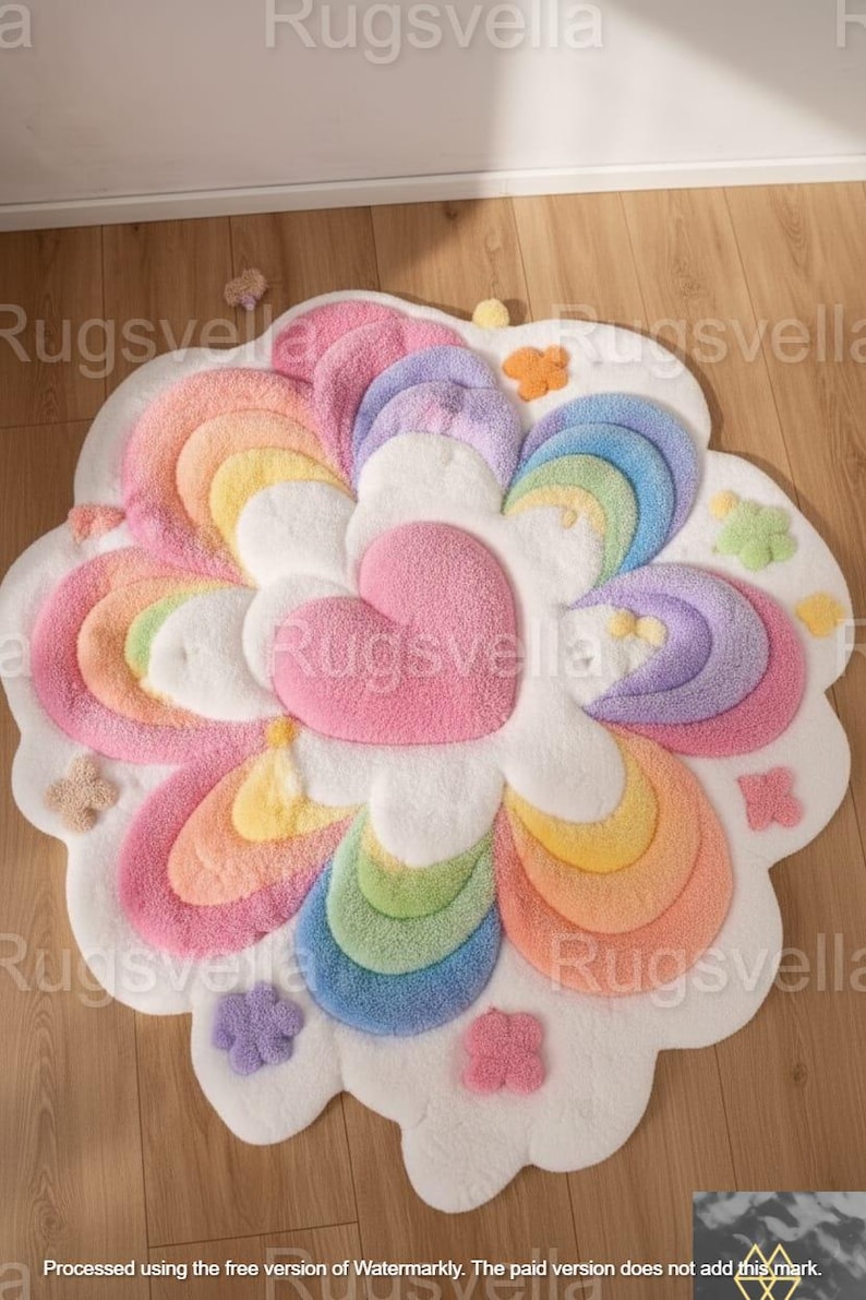 May include: A colorful, flower-shaped rug with a heart-shaped center. The rug features a rainbow design with shades of pink, yellow, green, and blue. Small, flower-shaped accents are scattered around the edges. The rug is made of a soft, plush material.