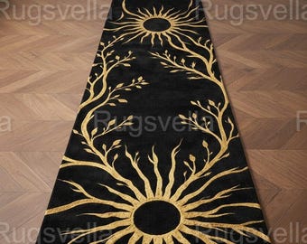 Handmade Tufted Celestial Sun Runner Rug - Gold Sunburst Black Hallway Carpet - Aesthetic Boho Floor Decor - Luxury Wool Hand Tufted Rug