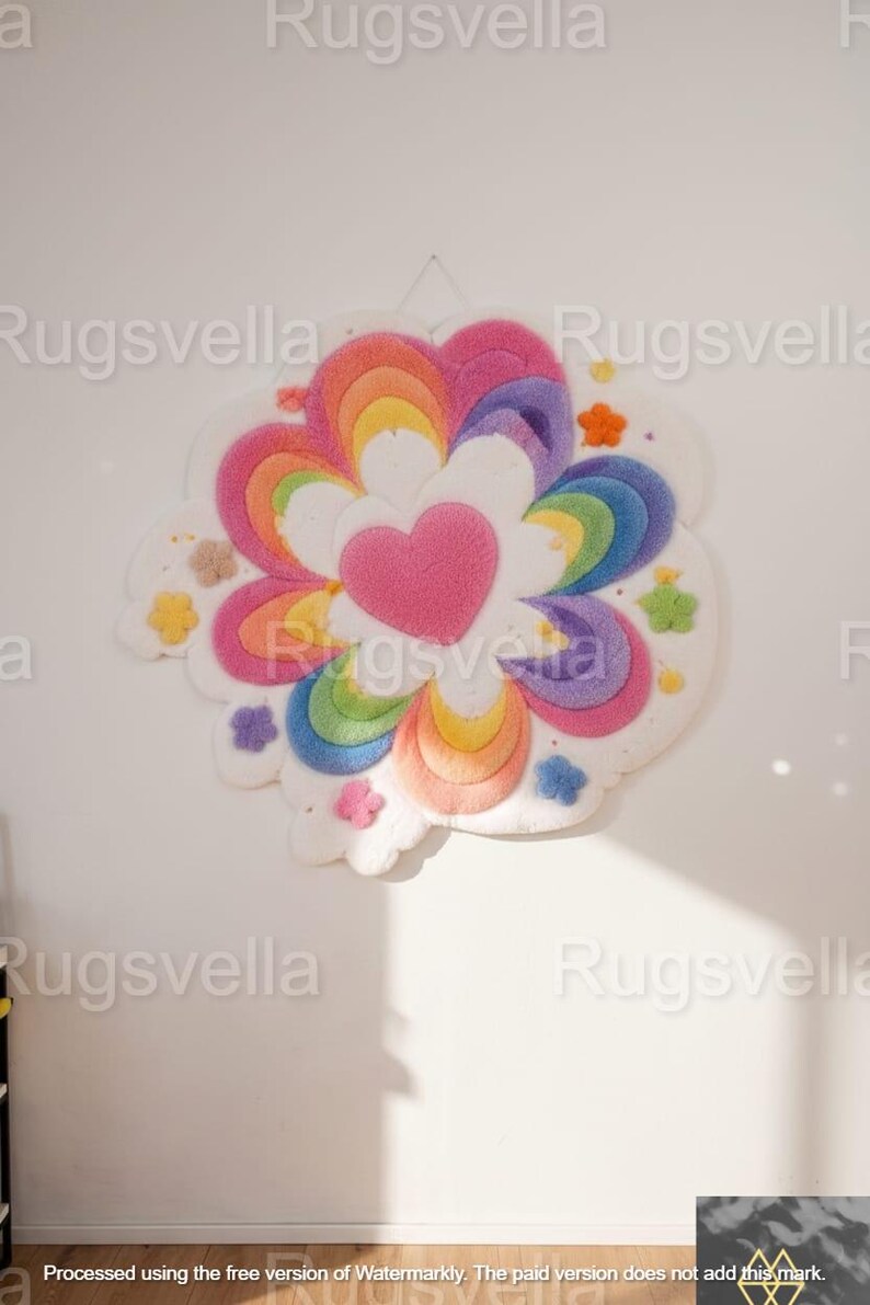 May include: A colorful, handmade rug in a flower shape, featuring a pink heart center and rainbow-colored petals. The rug is adorned with small, decorative flower accents in various colors and is mounted on a white wall.