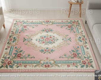 Pink Floral Hand Tufted Rug, French Aubusson Style Wool Area Rug for Living Room,Thick Pile Luxury Flower Carpet,Aesthetic Cottagecore Decor