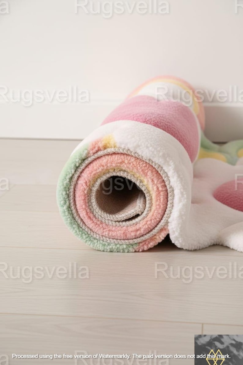 May include: Rolled-up, colorful rug with a flower design. The rug features pastel colors including pink, green, yellow, and white. The rolled section reveals the layers of the rug, showcasing its soft texture and design.