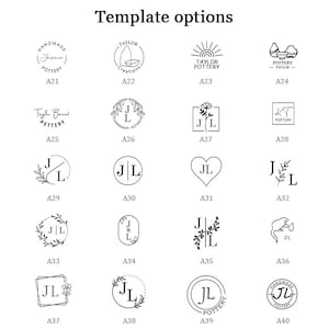 May include: A white background displays various black logo template options for pottery. The text "Template options" is at the top. The logos include circular, floral, and geometric designs with initials and pottery-related text.