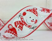 Christmas Wired Ribbon, 2 1 2 quot wide, Snowmen, Red Hats and Scarves - THREE YARDS - quot Snowman Chill quot Craft Wire Edged Ribbon