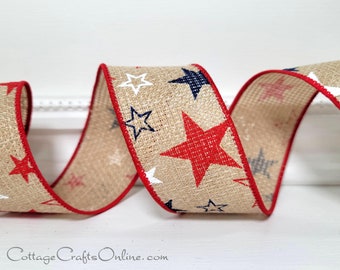 Wired Ribbon, 1.5", Red, White, Navy Blue Stars, Rustic Weave, TEN YARD ROLL ~ Stars Hopsack ~  July 4 Patriotic Wire Edged Ribbon