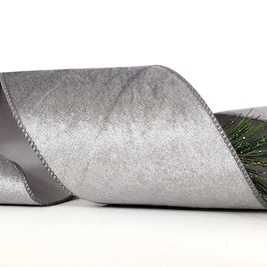 Christmas Wired Ribbon, 4&quot;  Silver Grey Velvet, Satin Back - Ten Yard Roll ~ Argent 100