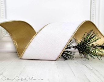 d. Stevens Wired Ribbon, 2.5" Warm White Ivory Velvet, Gold Metallic Back - TEN YARD ROLL ~ Lush Velvet ~