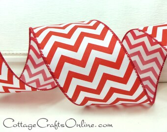 THREE YARDS Christmas Wired Ribbon, 2.5"  wide, Red and White Chevron Stripe -  Zig Zag Wire Edged Valentine Ribbon