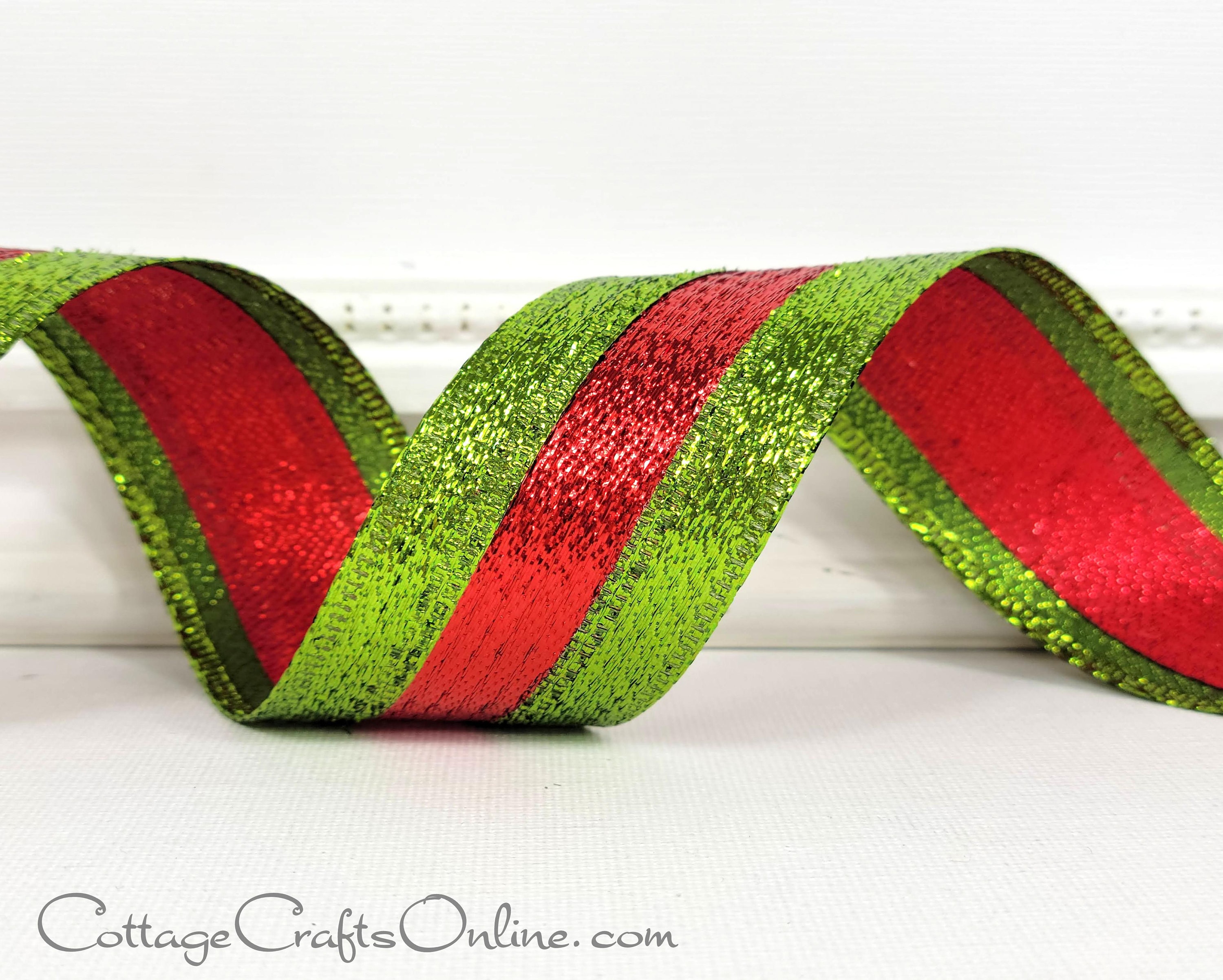 Green Ribbon, Lime Green Ribbon, Green Metallic Ribbon, Christmas Ribbon, 1  1/2 Ribbon, Wired Ribbon, 10 Yard Roll 