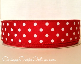 Wired Ribbon 1 1/2", FIFTY YARD Roll, Red with White Polka Dots,  Offray Ribbon Valentine, July 4th, Christmas Wire Edged Ribbon