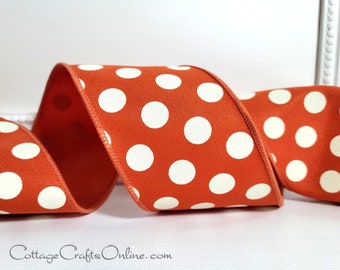 Fall Wired Ribbon, 2.5" Rust with Ivory Polka Dots, TEN YARD ROLL ~ Autumn Dots 40 ~  Burnt Orange Thanksgiving Wire Edged Ribbon