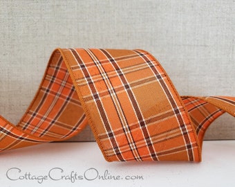 THREE YARDS, Fall Plaid Wired Ribbon, 2.5" , Orange, Rusty Brown, Dark Brown, Cream ~ Tonal ~ Thanksgiving, Halloween Wire Edged Ribbon